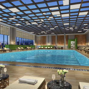 新中式游泳馆 休闲椅 大型水池 阳光房吊顶 吧台 躺椅